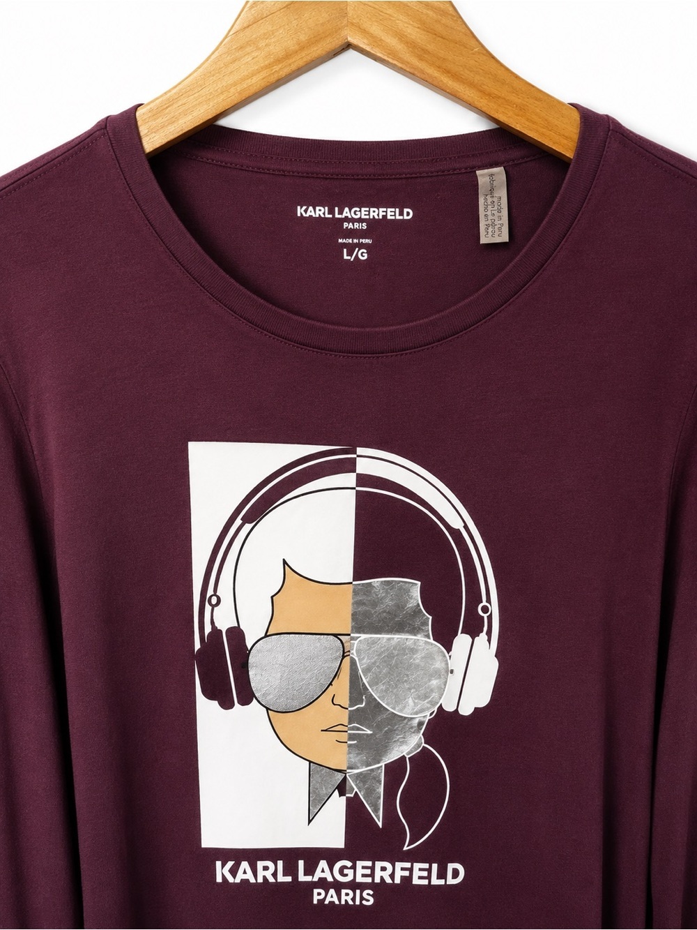 Karl Lagerfeld Burgundy Graphic Headphone Tee with Metallic Accents